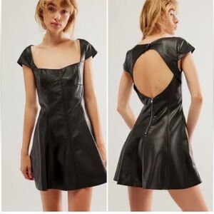 NEW Free People Mimi Black Vegan Leather Mini Dress Cap Sleeve